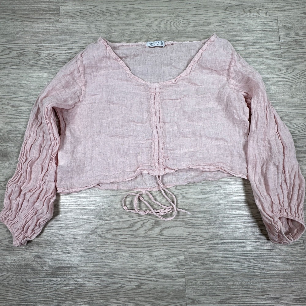 Made in Italy Women's Linen Top Ruched Front Crop Pink Long Sleeve Boho